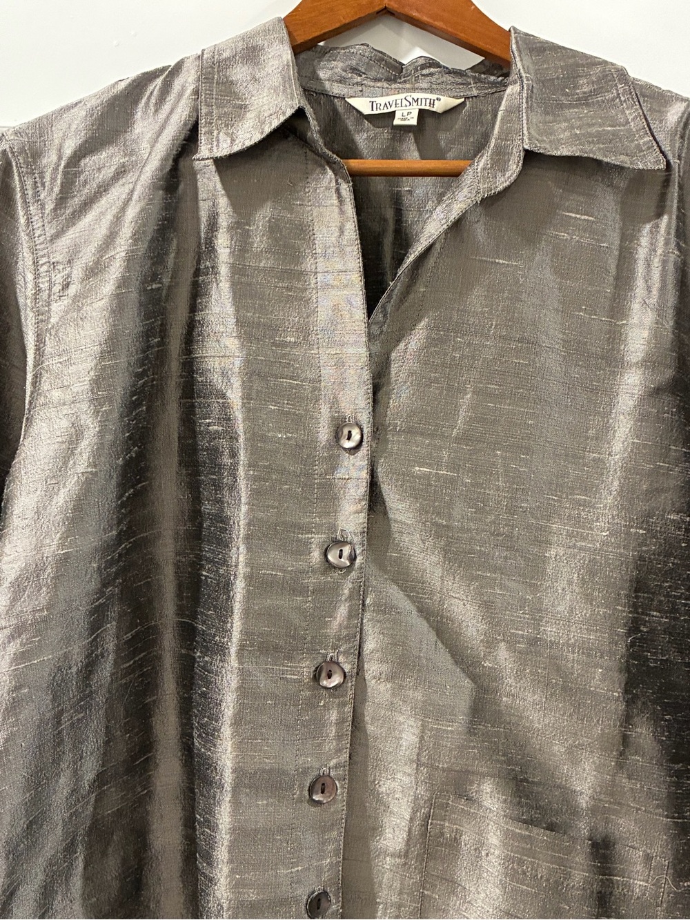 💯 Silk Large Evening Formal top Silver Metallic Gray Button-down Blouse w/collar - Picture 9 of 16